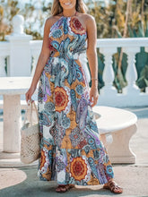 Printed Halter Neck Maxi Dress Pastel Blue OutfitFlow